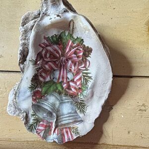 Festive Holiday Oyster Shell Ornament with Bells and Ribbon